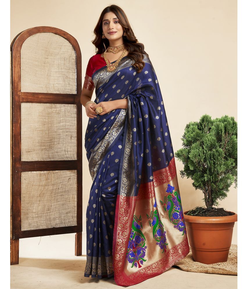     			Samah Silk Blend Printed Saree With Blouse Piece - Navy Blue ( Pack of 1 )