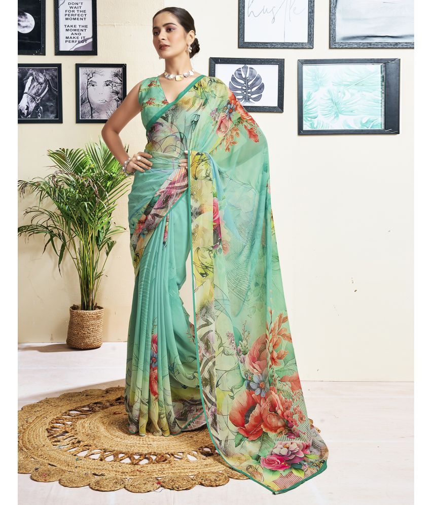     			Satrani Georgette Printed Saree With Blouse Piece - Mint Green ( Pack of 1 )