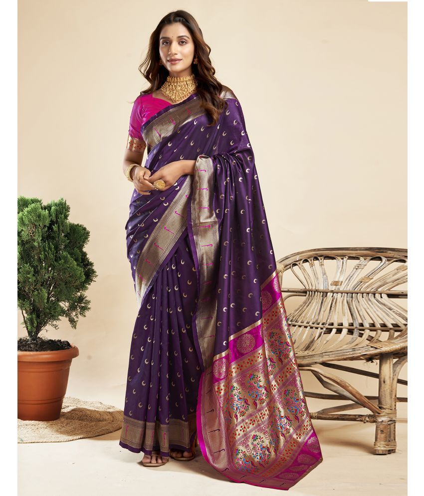     			Satrani Silk Blend Embellished Saree With Blouse Piece - Purple ( Pack of 1 )