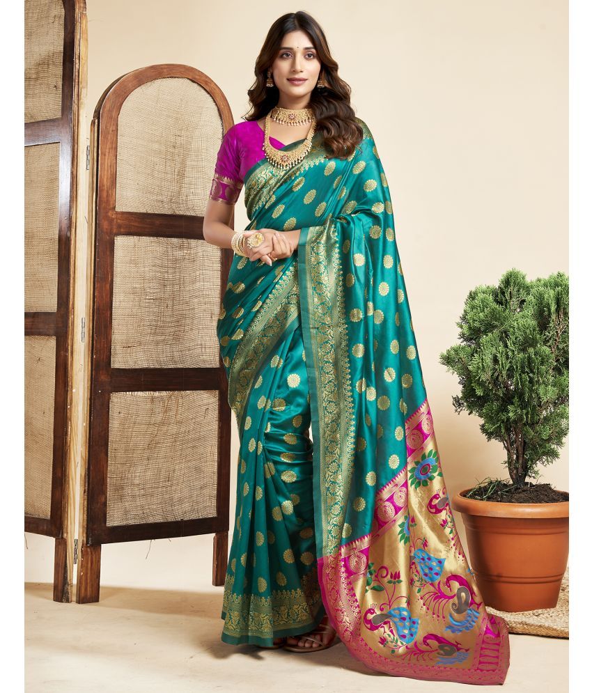     			Satrani Silk Blend Embellished Saree With Blouse Piece - Teal ( Pack of 1 )