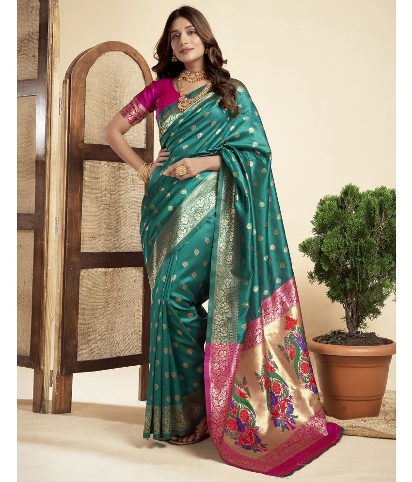     			Satrani Silk Blend Embellished Saree With Blouse Piece - Teal ( Pack of 1 )