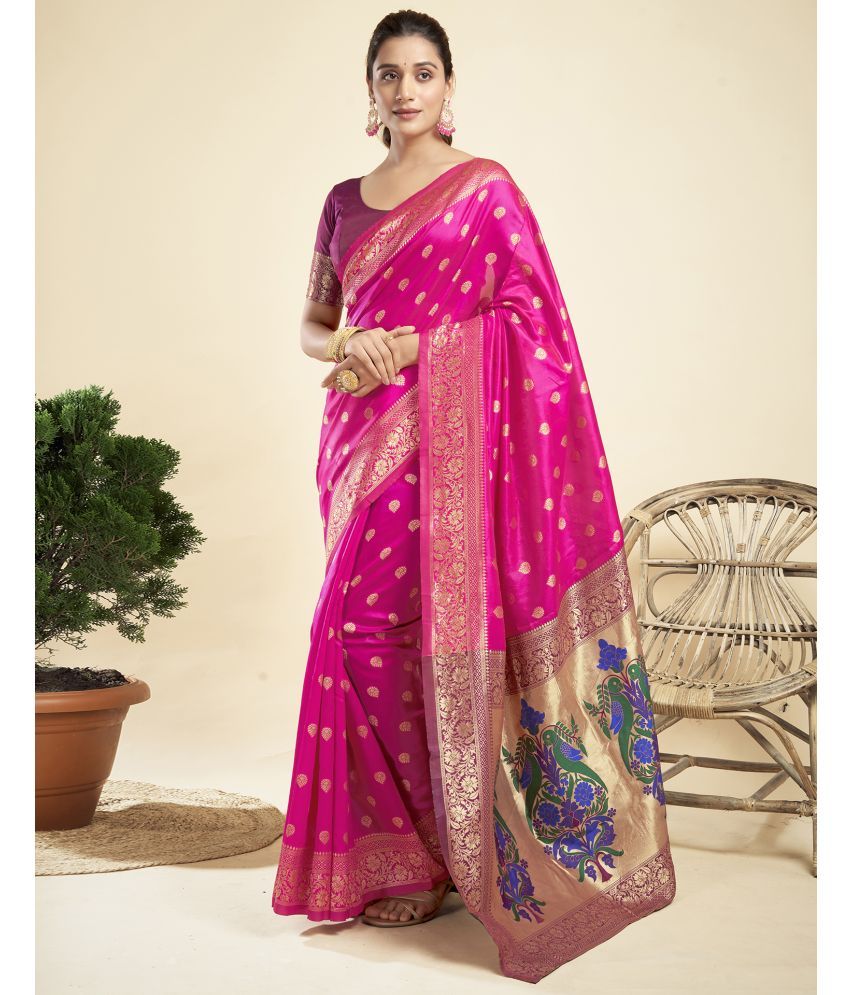     			Satrani Silk Blend Self Design Saree With Blouse Piece - Magenta ( Pack of 1 )