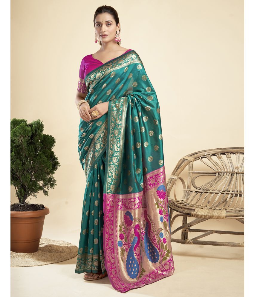     			Satrani Silk Blend Self Design Saree With Blouse Piece - Teal ( Pack of 1 )