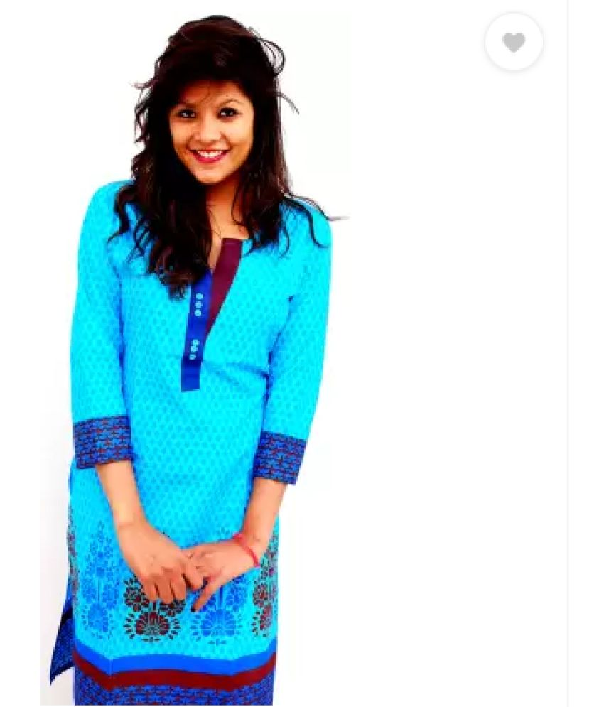     			The Mini NEEDLE Cotton Printed Straight Women's Kurti - Blue ( Pack of 1 )