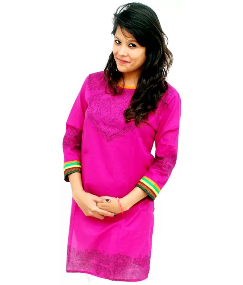     			The Mini NEEDLE Cotton Printed Straight Women's Kurti - Pink ( Pack of 1 )