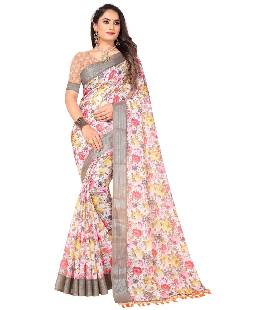     			AMTHI Linen Printed Saree With Blouse Piece - Multicolour ( Pack of 1 )