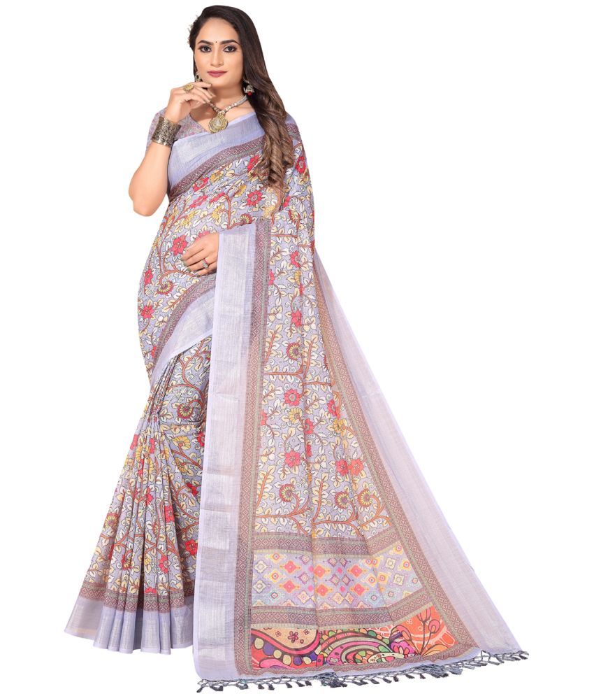     			AMTHI Linen Printed Saree With Blouse Piece - Grey ( Pack of 1 )