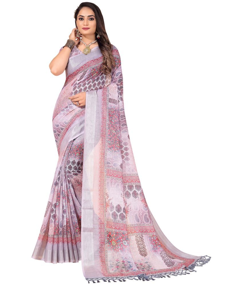     			AMTHI Linen Printed Saree With Blouse Piece - Grey ( Pack of 1 )