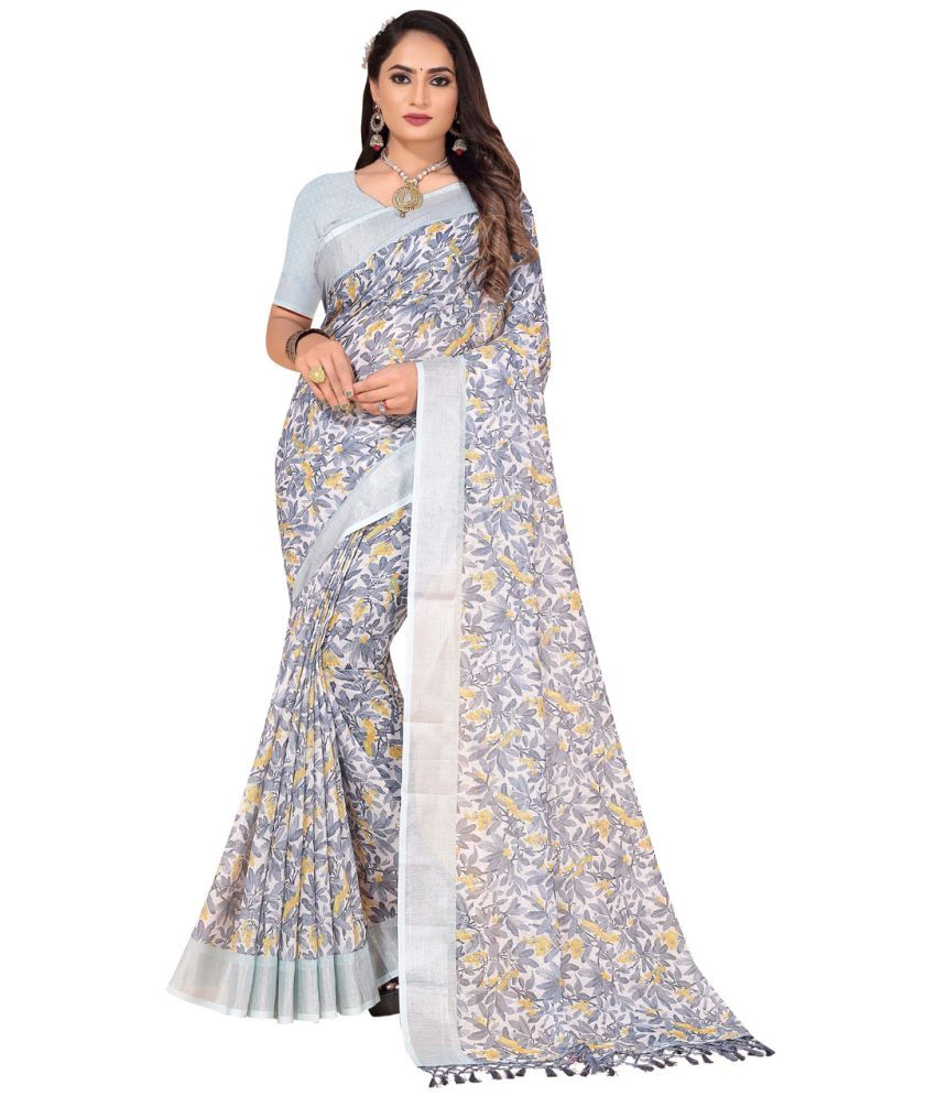     			AMTHI Linen Printed Saree With Blouse Piece - Grey ( Pack of 1 )