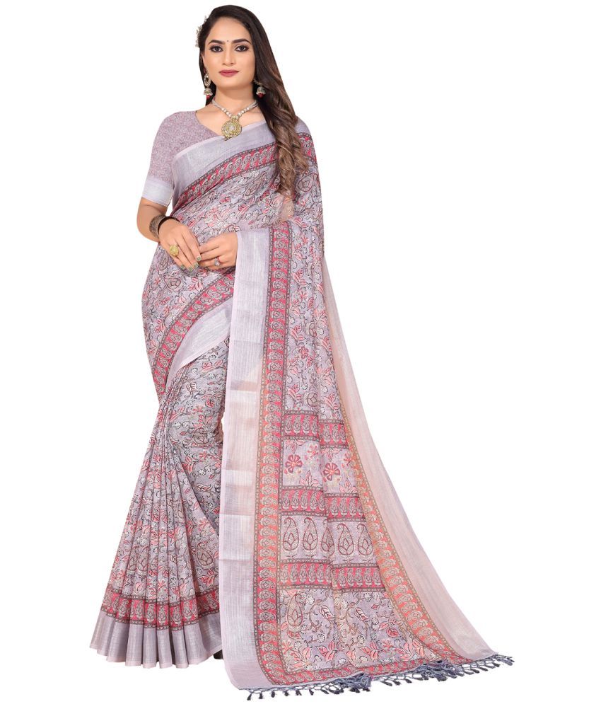     			AMTHI Linen Printed Saree With Blouse Piece - Grey ( Pack of 1 )