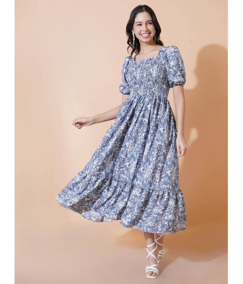     			Femvy Polyester Printed Midi Women's Fit & Flare Dress - Blue ( Pack of 1 )