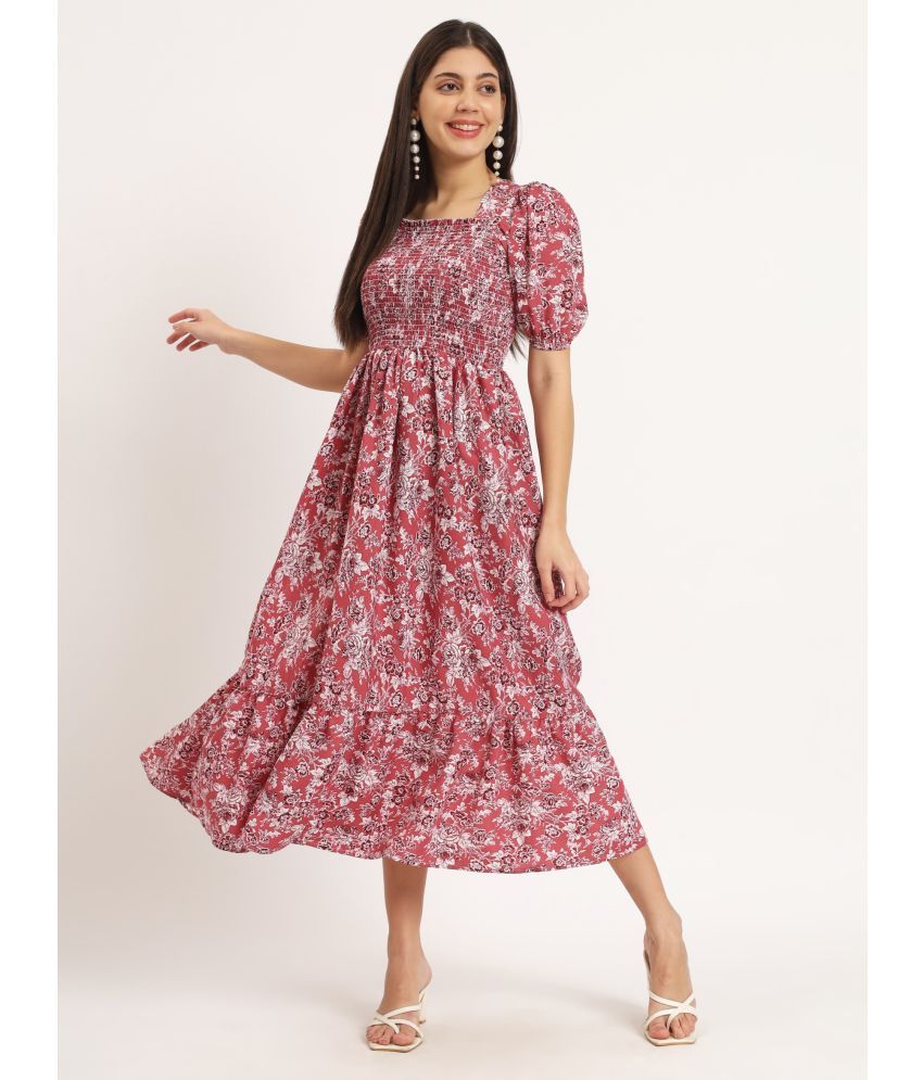     			Femvy Polyester Printed Midi Women's Fit & Flare Dress - Pink ( Pack of 1 )