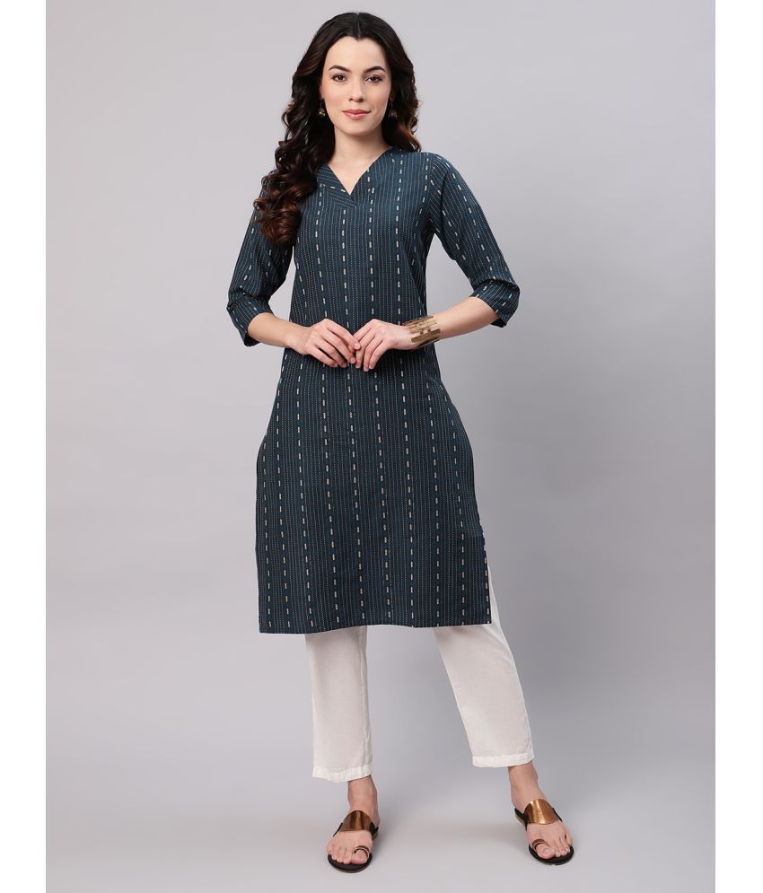     			Flamboyant Cotton Striped Straight Women's Kurti - Navy Blue ( Pack of 1 )