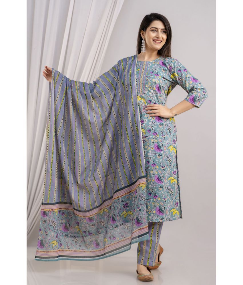     			Frionkandy Cotton Printed Kurti With Pants Women's Stitched Salwar Suit - Blue ( Pack of 1 )