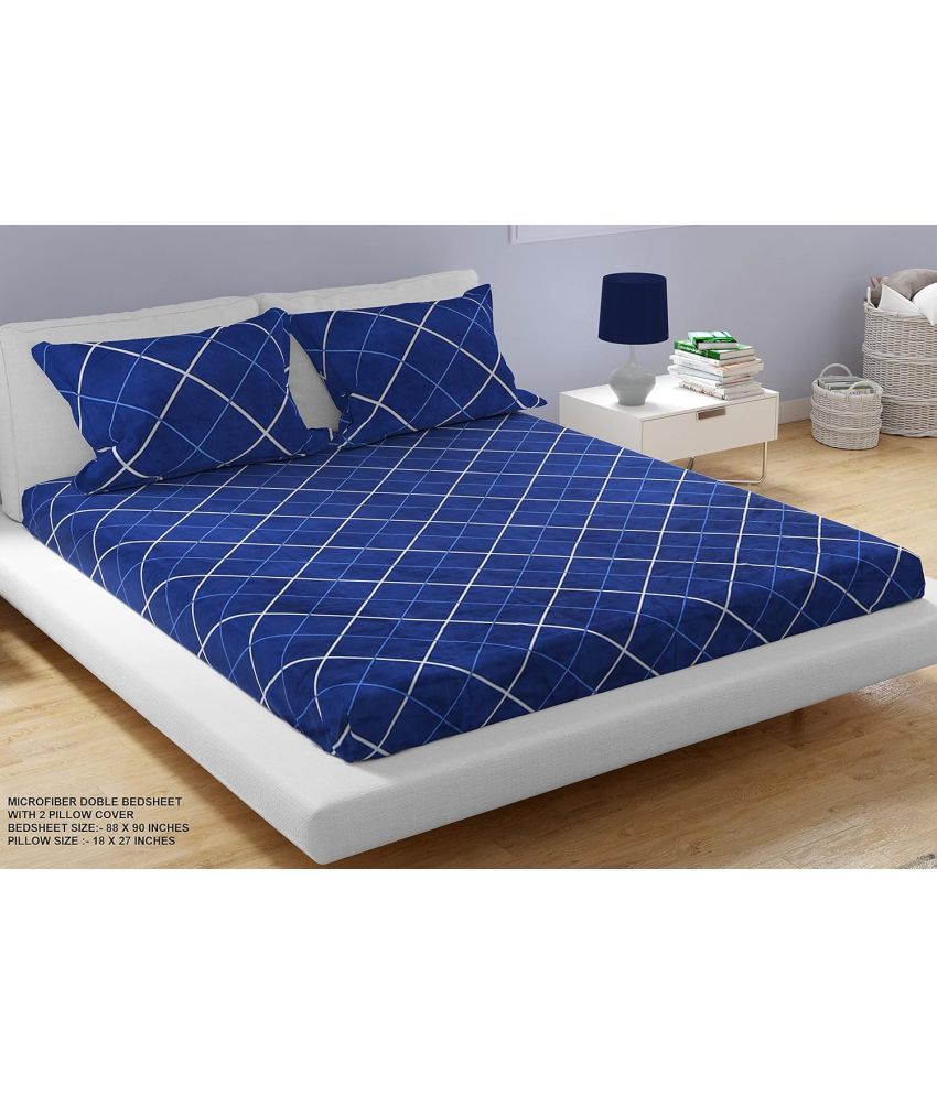     			HomeCrafts Polyester Geometric Fitted 1 Bedsheet with 2 Pillow Covers ( Double Bed ) - Blue