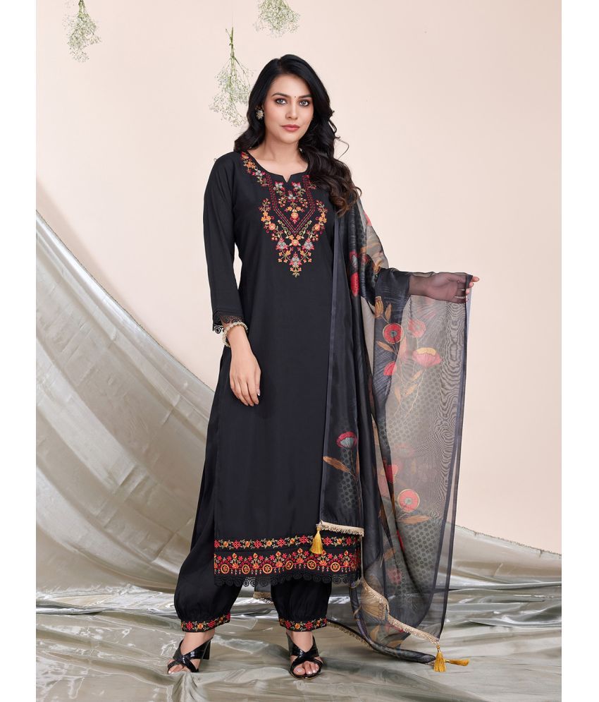     			MOJILAA Viscose Embroidered Kurti With Salwar Women's Stitched Salwar Suit - Black ( Pack of 1 )