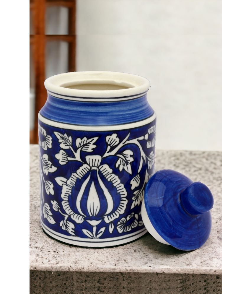     			Malaikah Blue Pickle Jar Ceramic Dark Blue Pickle Container ( Set of 1 )