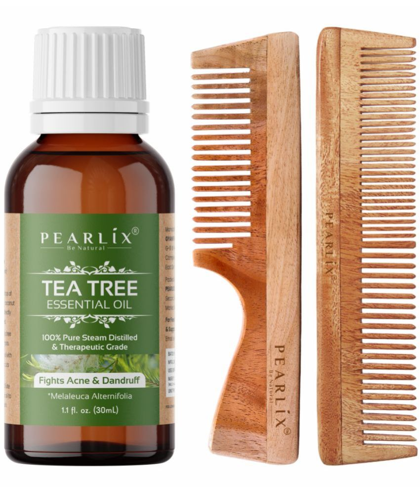     			PEARLIX Tea Tree Essential Oil & Hair Combs, Neem Wood Comb, Pack Of 3- Elevate Your Hair Care Routine with the Healing Touch of Neem |