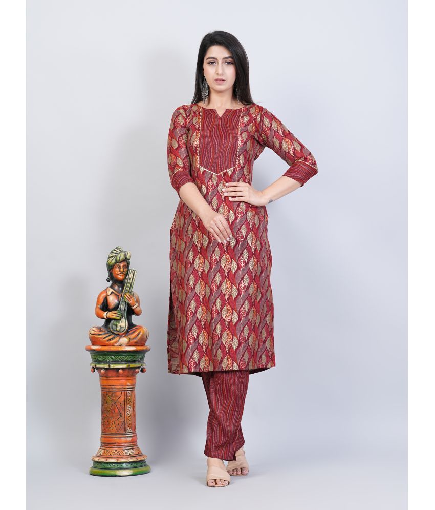     			Parastri Rayon Printed Kurti With Pants Women's Stitched Salwar Suit - Maroon ( Pack of 1 )