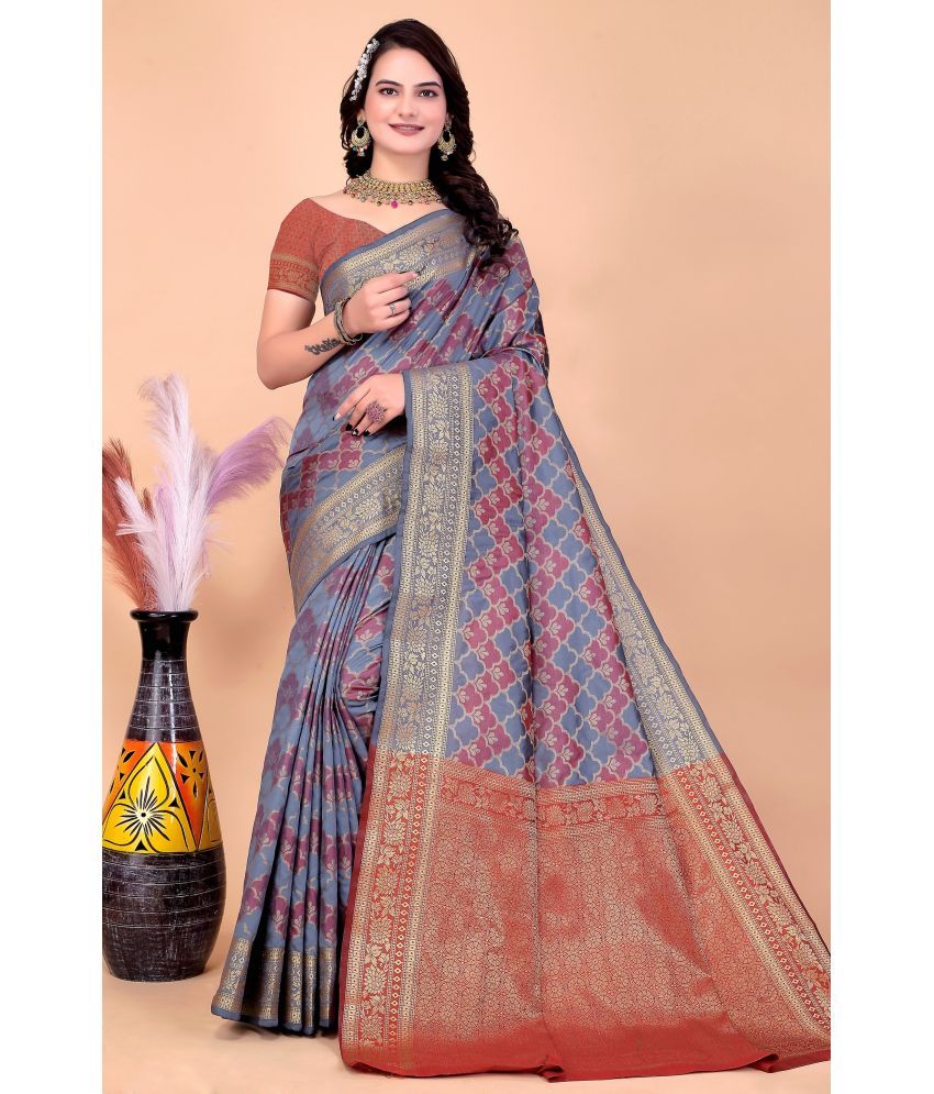     			Raj Vivah Silk Blend Embellished Saree With Blouse Piece - Grey ( Pack of 1 )