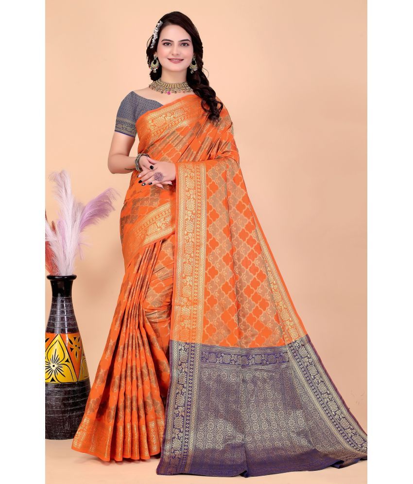     			Raj Vivah Silk Blend Embellished Saree With Blouse Piece - Orange ( Pack of 1 )