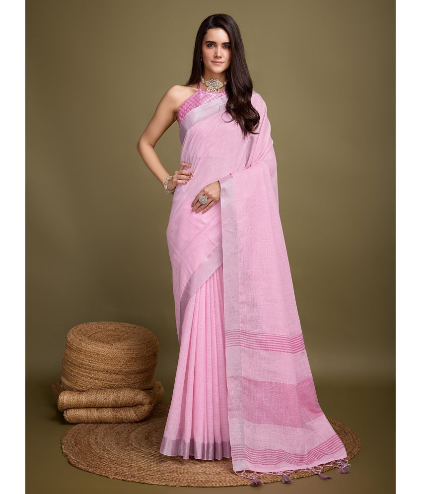     			Rekha Maniyar Linen Solid Saree With Blouse Piece - Pink ( Pack of 1 )