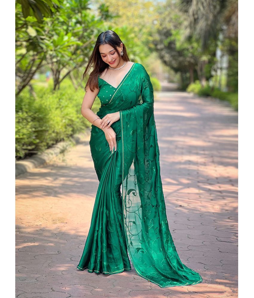     			Rekha Maniyar Satin Embellished Saree With Blouse Piece - Green ( Pack of 1 )