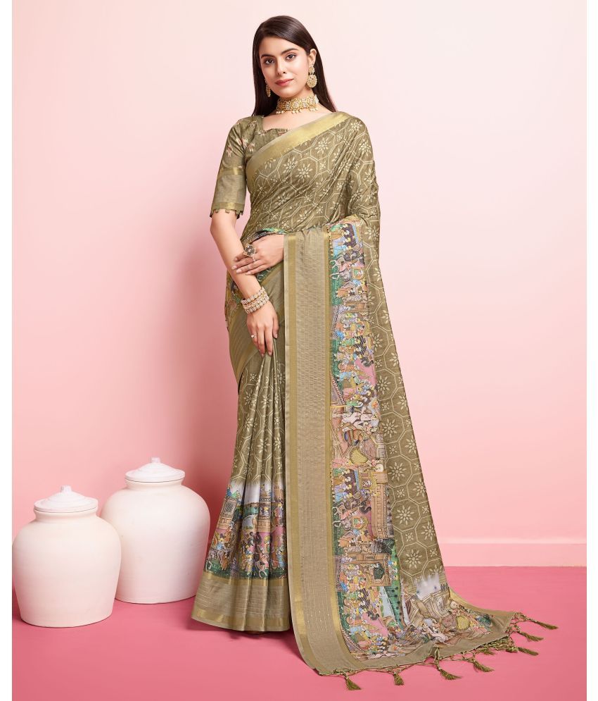     			Rekha Maniyar Silk Printed Saree With Blouse Piece - Olive ( Pack of 1 )