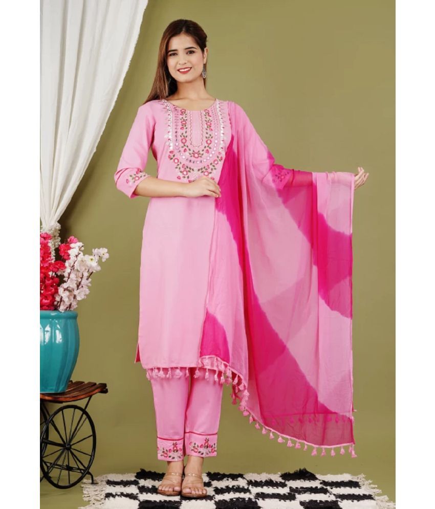     			Aika Rayon Embroidered Kurti With Pants Women's Stitched Salwar Suit - Pink ( Pack of 1 )