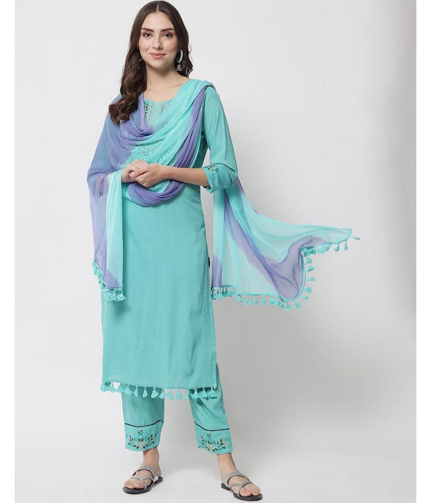     			Aika Rayon Embroidered Kurti With Pants Women's Stitched Salwar Suit - Turquoise ( Pack of 1 )