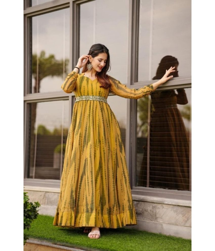     			JULEE Yellow Flared Georgette Women's Stitched Ethnic Gown ( Pack of 1 )