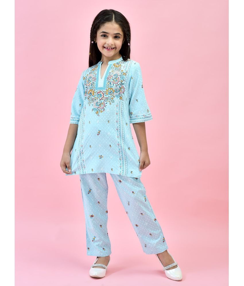     			Juniper Sky Blue Rayon Girls Kurti With Pants ( Pack of 1 )