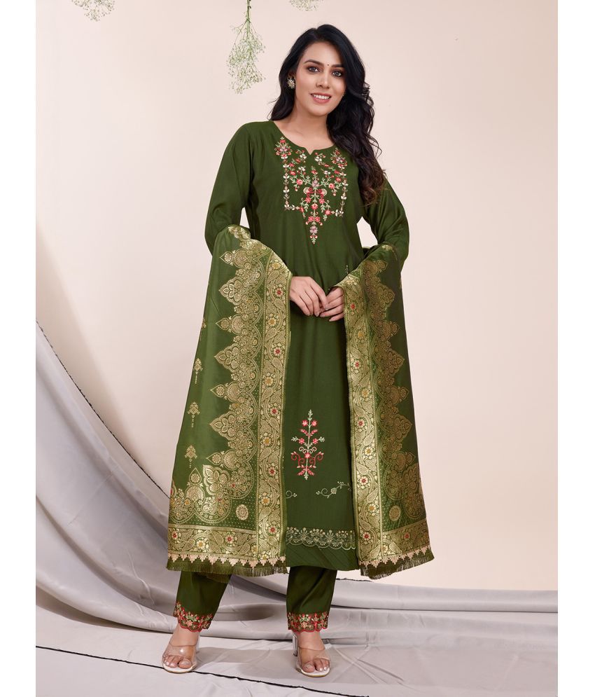     			MOJILAA Viscose Embroidered Kurti With Pants Women's Stitched Salwar Suit - Green ( Pack of 1 )