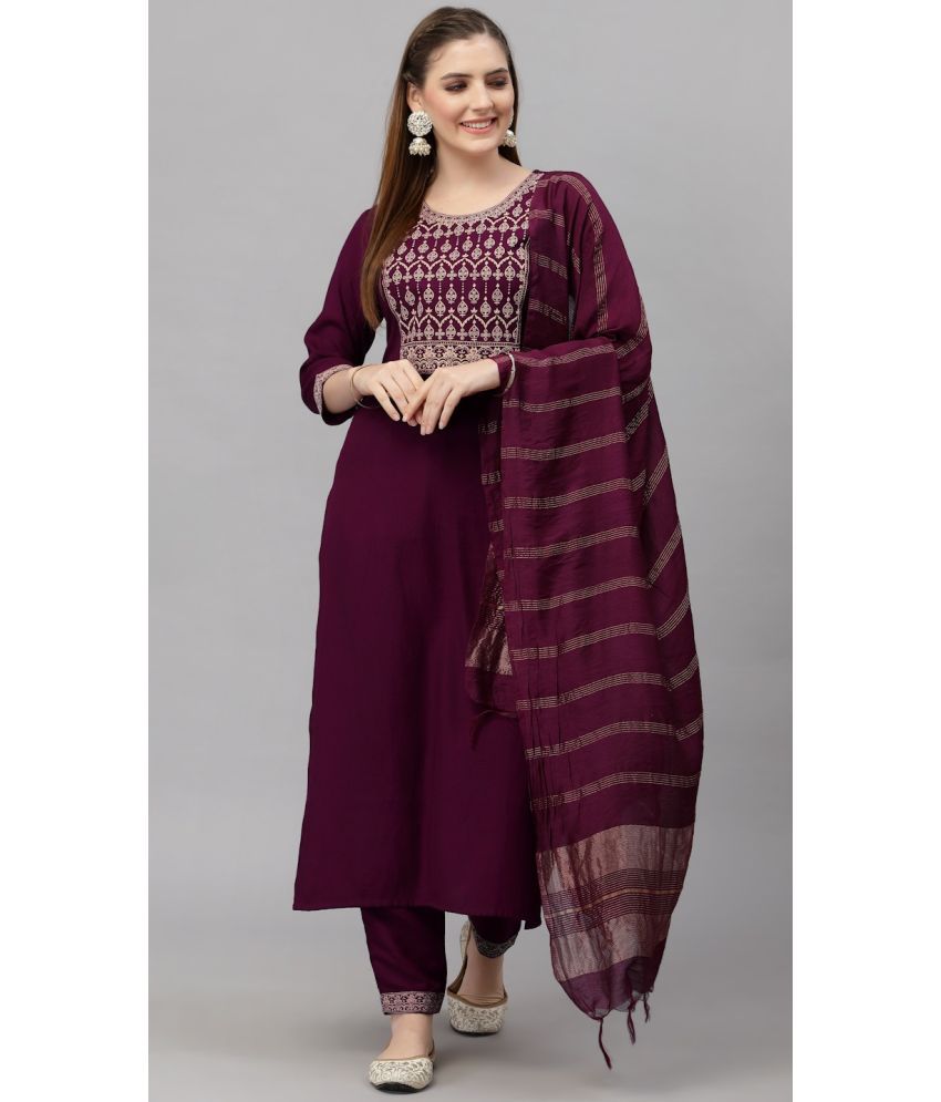     			NERMOSA Viscose Embroidered Kurti With Pants Women's Stitched Salwar Suit - Wine ( Pack of 1 )