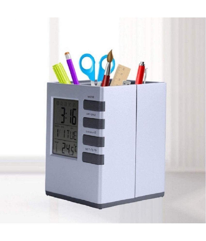     			Pen Pencil Holder with Square Analogue LCD Clock and Digital Calendar with Desk Pen Holder Cube Pen Stand Desk Alarm Clock for Home Office Desk Organizer Rack