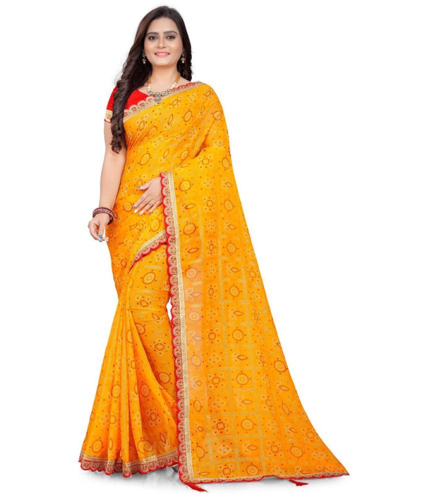     			Poshvariety Georgette Printed Saree With Blouse Piece - Yellow ( Pack of 1 )