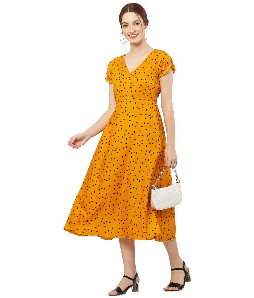     			READYON Crepe Printed Midi Women's Fit & Flare Dress - Mustard ( Pack of 1 )