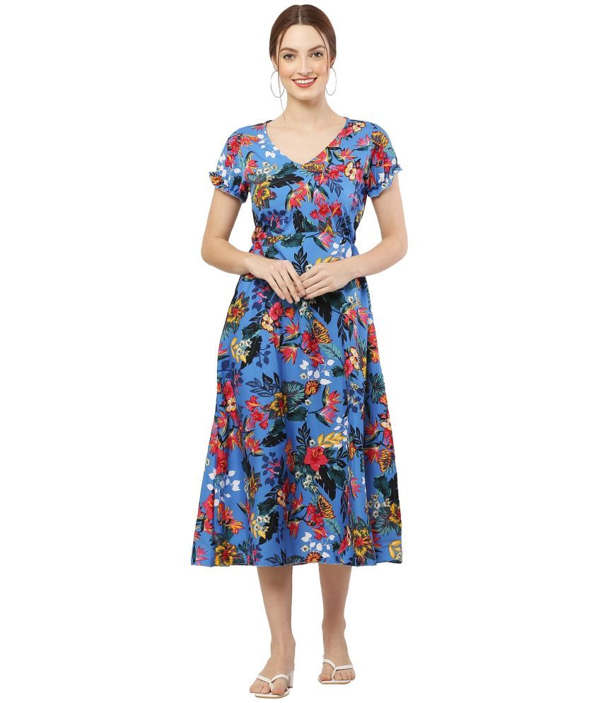     			READYON Crepe Printed Midi Women's Fit & Flare Dress - Blue ( Pack of 1 )