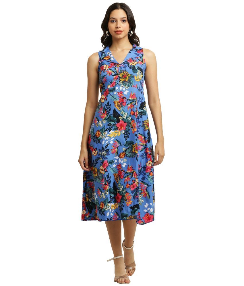     			READYON Crepe Printed Midi Women's Fit & Flare Dress - Blue ( Pack of 1 )