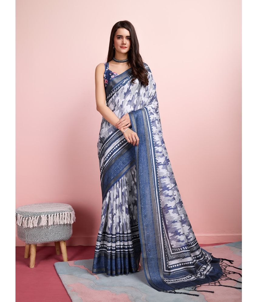     			Rekha Maniyar Silk Blend Printed Saree With Blouse Piece - Blue ( Pack of 1 )