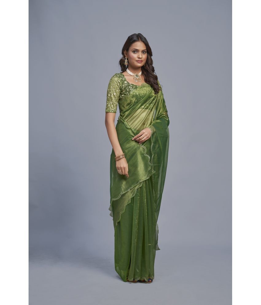     			A TO Z CART Organza Solid Saree With Blouse Piece - Green ( Pack of 1 )