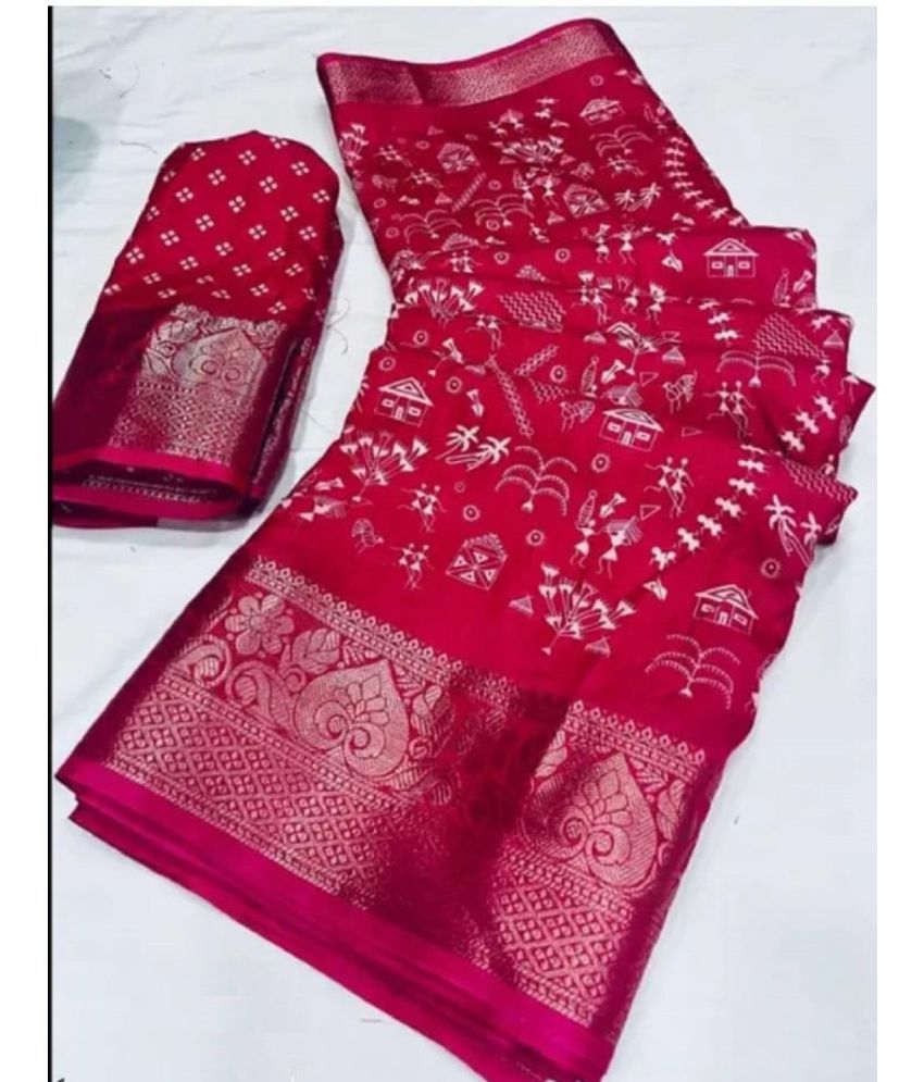     			Aika Silk Printed Saree With Blouse Piece - Rani ( Pack of 1 )