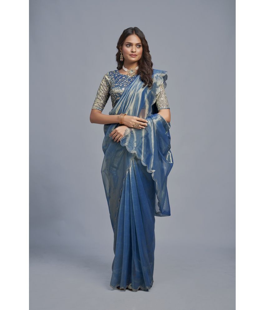     			Apnisha Organza Solid Saree With Blouse Piece - Teal ( Pack of 1 )