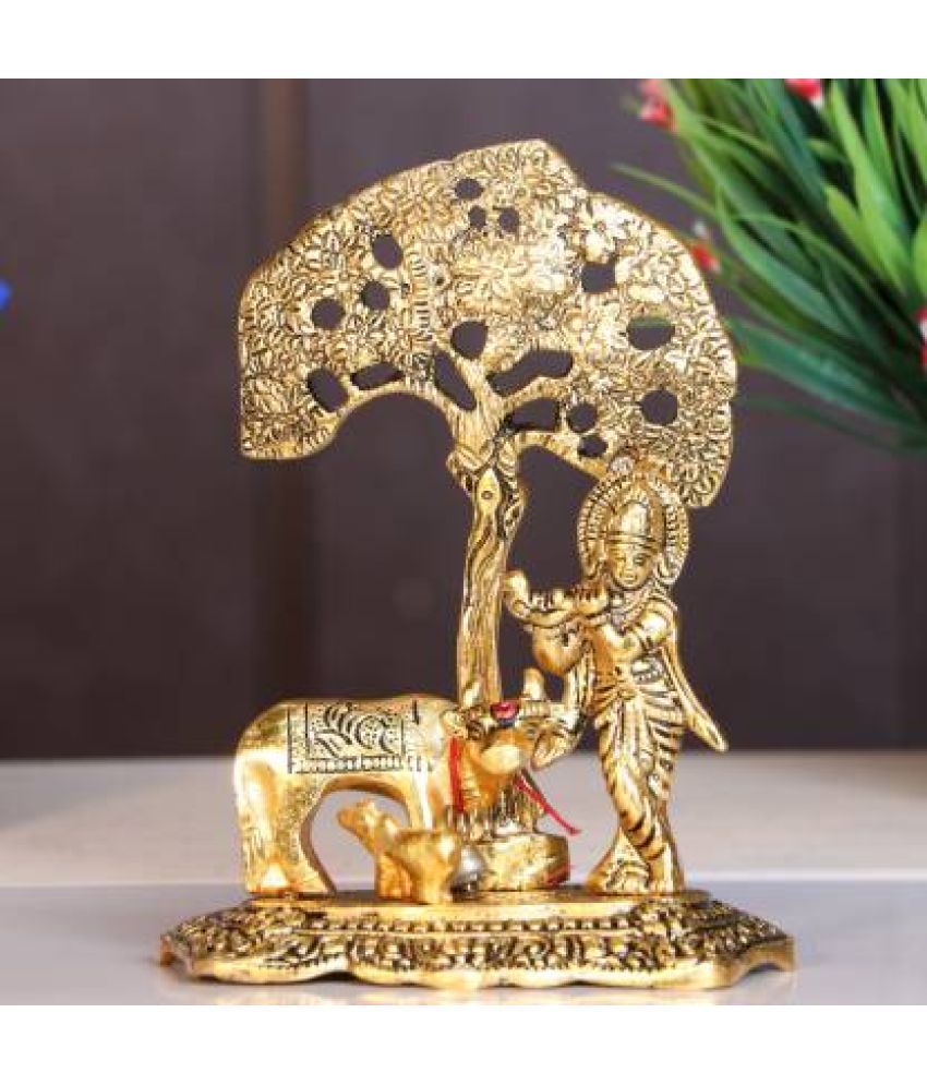     			Art n Hub Metal Krishna with Cow Standing Under Tree Plying Flute Decorative Showpiece/God Idol (Pack of 1)