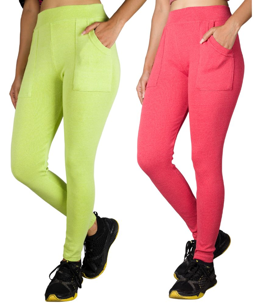     			KARARO JEGGINGS - Cotton Blend Skinny Fit Fluorescent Green Women's Jeggings ( Pack of 2 )