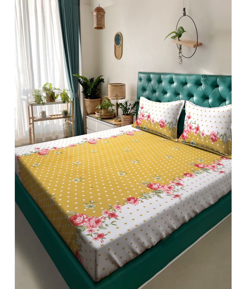     			Klotthe Poly Cotton Floral 1 Double Bedsheet with 2 Pillow Covers - Yellow