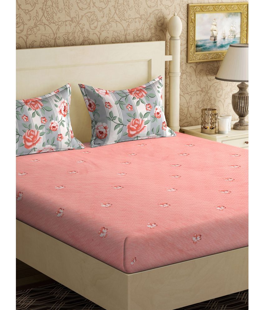     			Klotthe Poly Cotton Floral 1 Double Bedsheet with 2 Pillow Covers - Pink