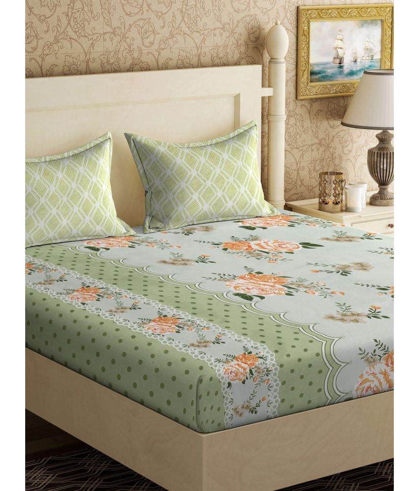     			Klotthe Poly Cotton Floral 1 Double Bedsheet with 2 Pillow Covers - Green