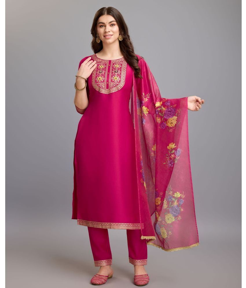     			MOJILAA Silk Embroidered Kurti With Pants Women's Stitched Salwar Suit - Magenta ( Pack of 1 )