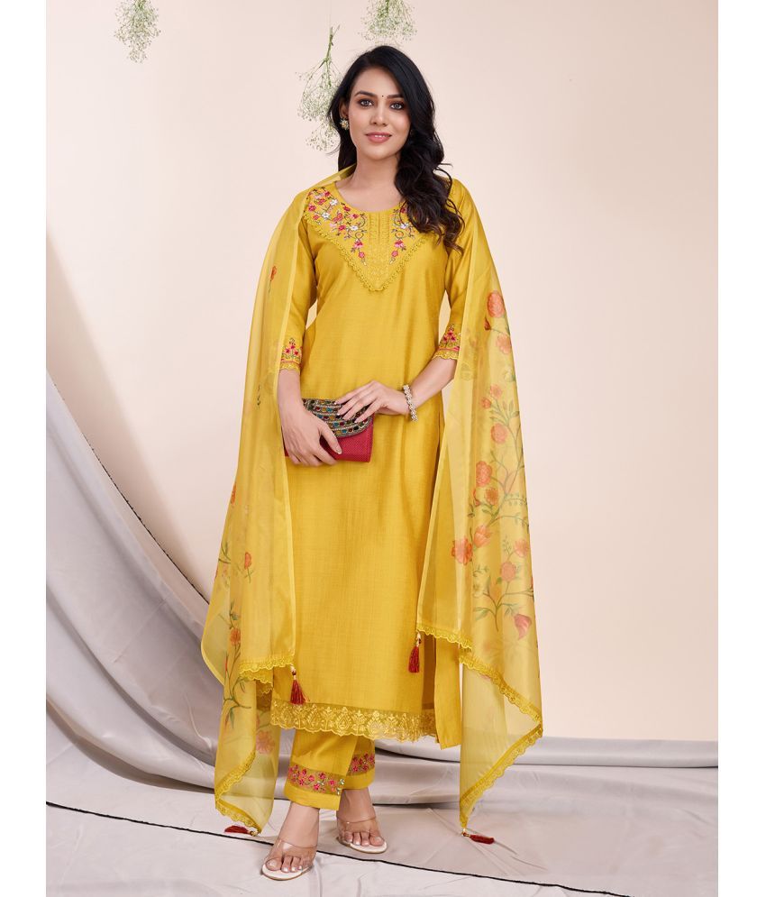     			MOJILAA Viscose Embroidered Kurti With Pants Women's Stitched Salwar Suit - Yellow ( Pack of 1 )